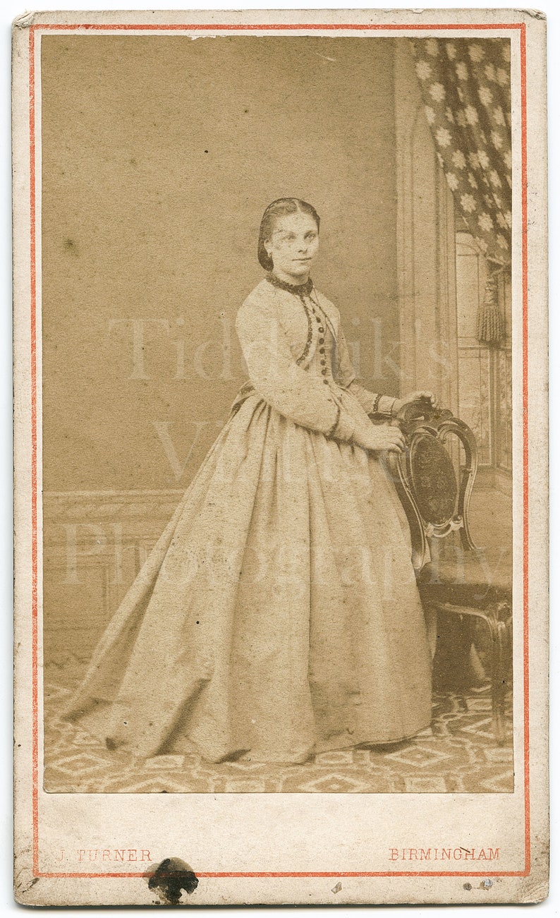 Standing Portrait ~ CDV Photo ~ J Turner of Birmingham ~ 1860s Antique Carte de Visite Photograph Victorian Young Woman Pale Hooped Dress