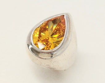 Vintage sterling silver and "citrine" pear cut CZ signet ring