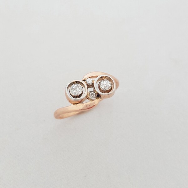 Antique Art Deco c. 1920 French 14K Rose Gold, Twin Diamond Crossover Ring - Celestial - Engagement Ring - Wedding Ring