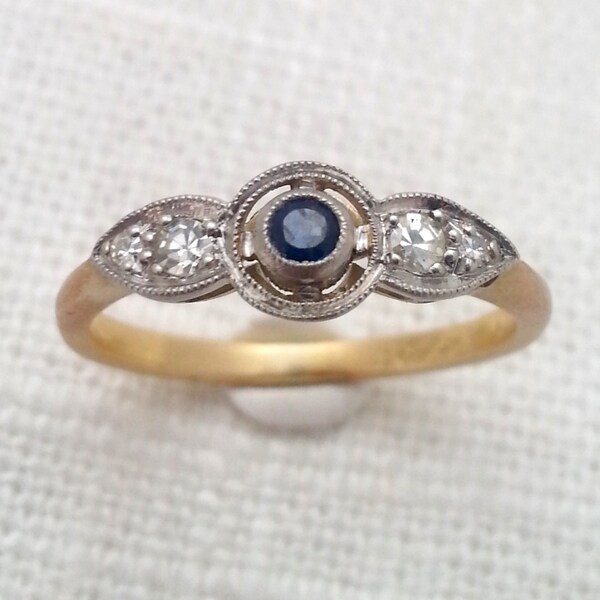 Antique Edwardian / Art Deco 1920s 18K Gold, Platinum, Sapphire and Diamon Wings / Propeller Ring - Engagement