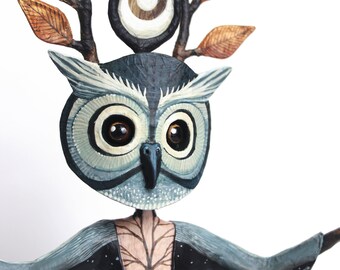 TOTEM Masked Lunar Owl, papier-mâché sculpture, mixed technique, unique piece signed KriSoft