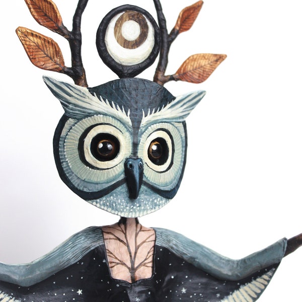 TOTEM Masked Lunar Owl, papier-mâché sculpture, mixed technique, unique piece signed KriSoft