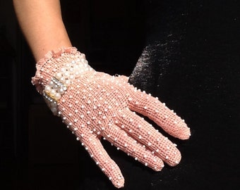 EMBELLISHED PINK wrist gloves, vintage style evening gloves, frilly pink formal gloves, black dress gloves, womens pink gloves
