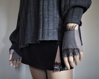 GREY FRINGED Fingerless Gloves, Fall Spring Perforated Open Knit Braethable Wrist Hand Warmers