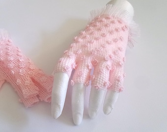 EMBELLISHED Pink Fingerless Gloves, Pale Pink Romantic Fringed Hand Warmers, One-of-a-Kind Wearable Luxury Accessory