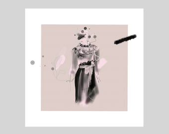Woman in BLACK DRESS - Avant-Garde Fashion Illustration, Dusty Pink Printable Wall Art