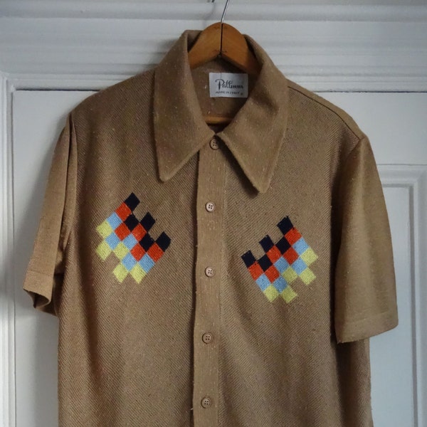 Vintage 60"s Shirt Camel Mans Knit Hipster Atomic Rayon Modern Shirt