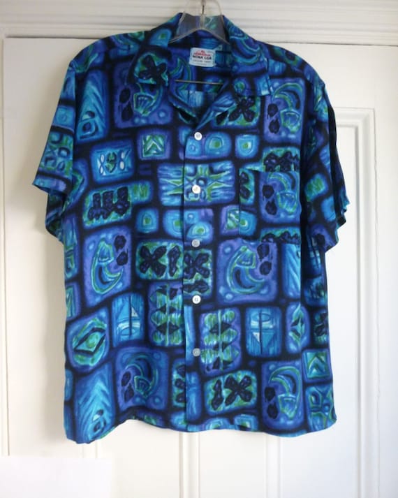 60's Hawaiian Shirt Blue Rayon Aloha Mona Loa Tro… - image 1