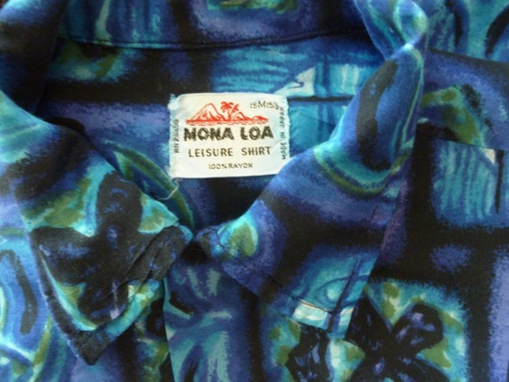 60's Hawaiian Shirt Blue Rayon Aloha Mona Loa Tro… - image 4