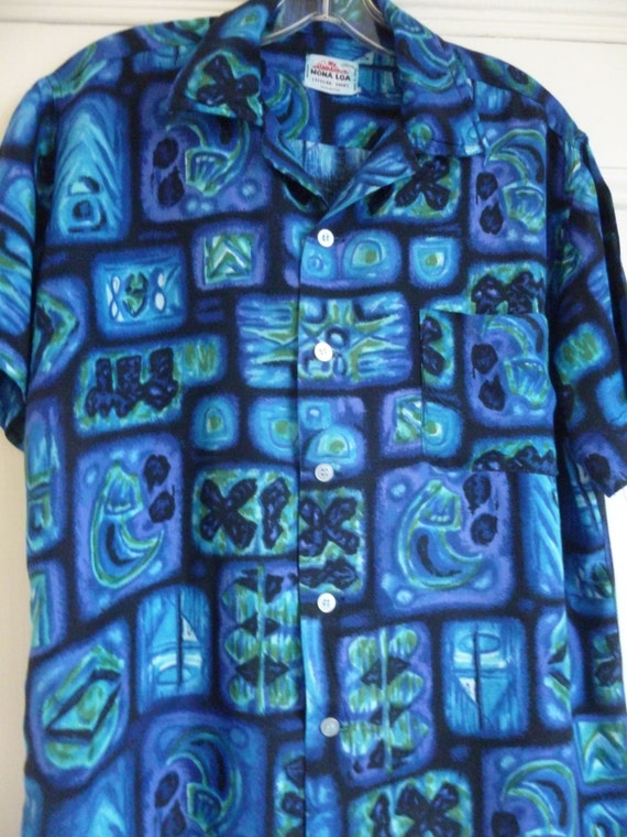 60's Hawaiian Shirt Blue Rayon Aloha Mona Loa Tro… - image 3