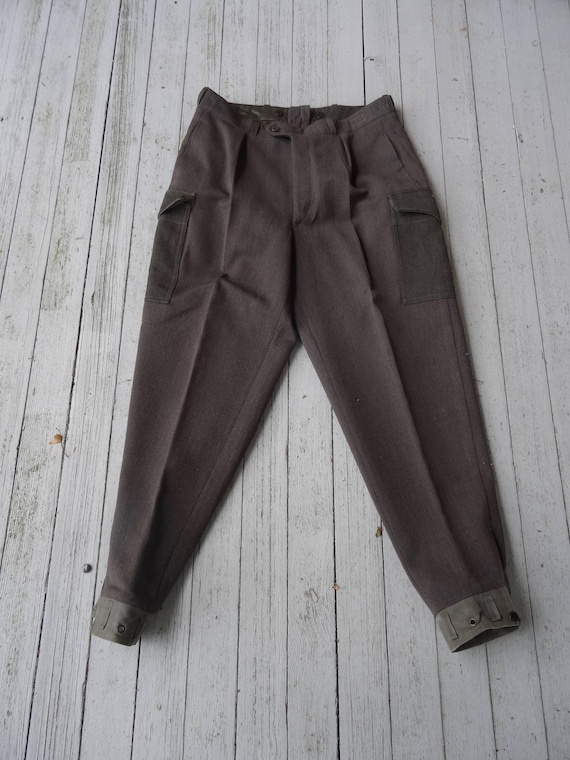 20's 30's Pants Military Wool Army Green Button Fl