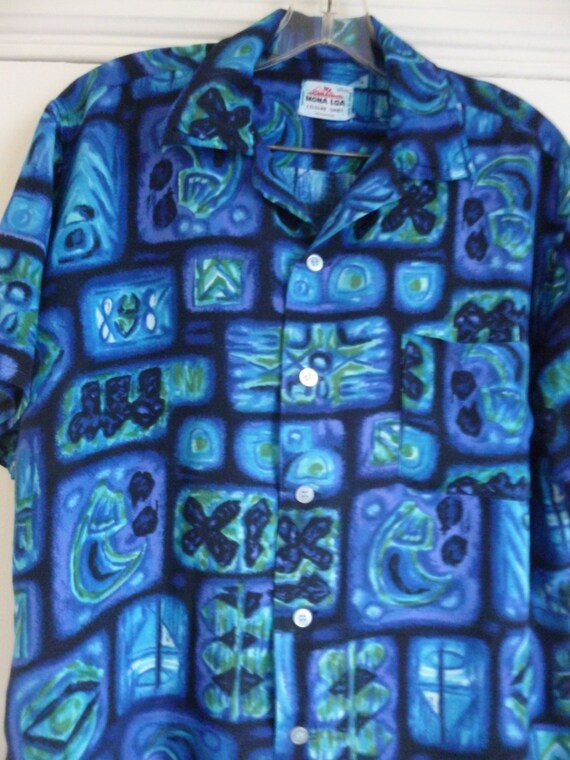 60's Hawaiian Shirt Blue Rayon Aloha Mona Loa Tro… - image 5