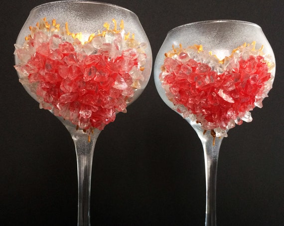 Red heart geode wine glasses