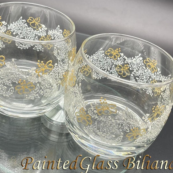 Set of 2 hand painted whiskey glasses Lace