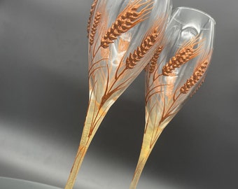 Set of 2 hand painted champagne flutes Autumn wedding theme Wheat Rye flutes wedding barn theme