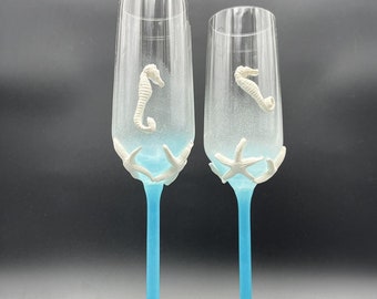 Seahorse and starfish wedding champagne flutes