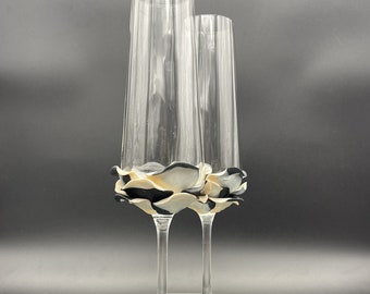 Set of 2 hand decorated Wedding Glasses champagne flutes Black and pearly white Rose