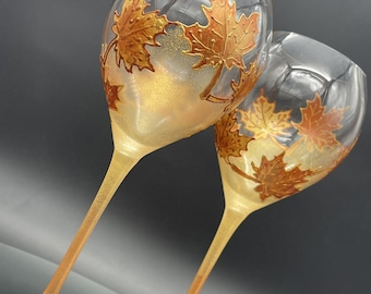 Autumn wine set of 2 Maple Leaves toasting glasses in gold and copper color