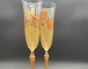 Autumn set of 2 hand painted wedding champagne flutes Maple leaves Cake serving set