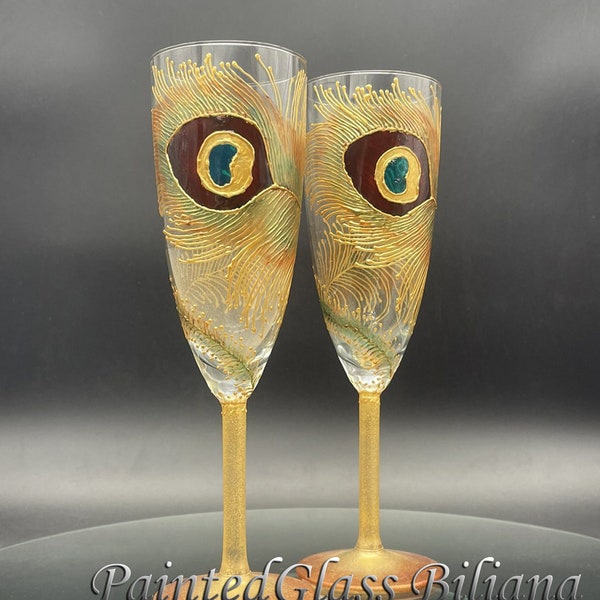 Wedding Glasses Peacock feather Champagne Flutes Hand Painted Set of 2 Peacock theme wedding in Brown and Gold color