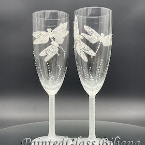 Set di 2 calici da champagne da matrimonio dipinti a mano Libellule bianche