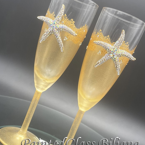 Starfish wedding champagne flutes, beach sea wedding theme, gold color