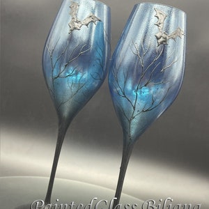 Set of 2 hand painted decorated Wedding Glasses champagne flutes Black, turquoise and purple Bats Halloween wedding favor