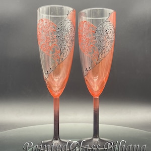 Red and black Wedding Glasses Champagne Flutes Set of 2 Lace Heart design image 1