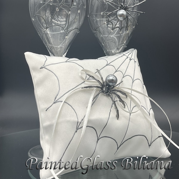 Spider web ring pillow, satin handmade hand painted ring pillow halloween theme