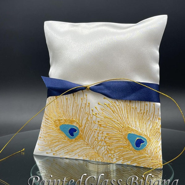 Gold blue peacock feathers ring pillow