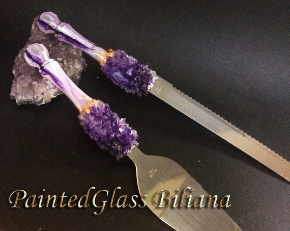Amethyst marble geode wedding set ring pillow, champagne flutes and a cake serving set