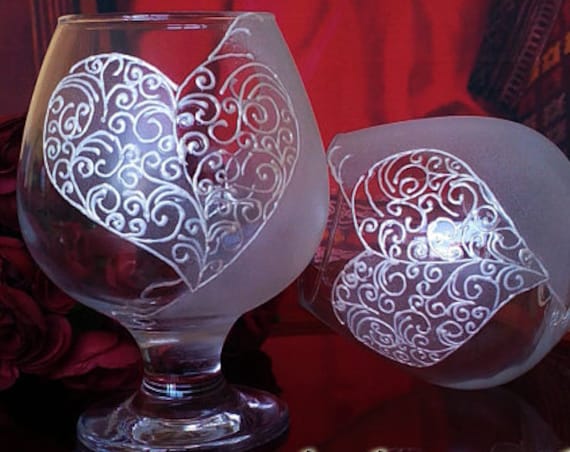 Set of 2 Hand Painted brandy/ cognac glasses Love Heart Lace