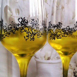 Set of 2 hand painted wedding flutes champagne glasses Classic Black and yellow Gatsby style
