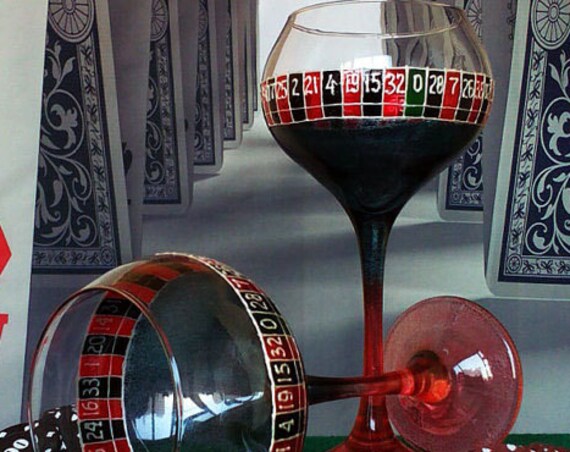 Vegas SET of 2 Hand Painted wine glasses Casino roulette theme in red and black