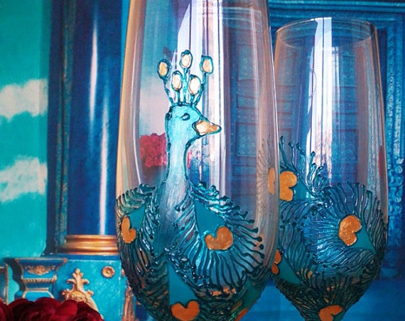 CRYSTAL SET of 2 hand decorated Wedding Glasses champagne flutes Peacock in gold and turquoise color