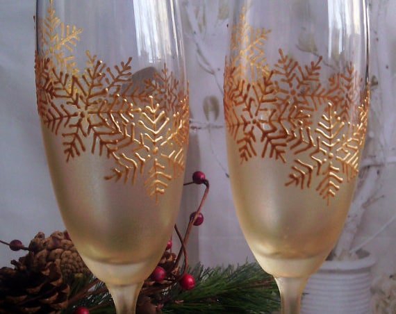 Set of 2 Winter Wedding toasting hand painted champagne flutes Golden snowflakes