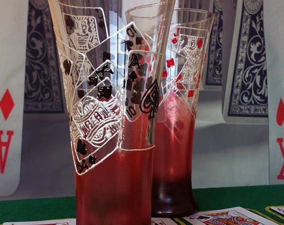 Casino Beer Pilsner Glasses  Set of 2 Pocker Royal Flush in red and black color
