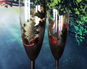 Oak tree leaves Set of 2 hand painted wedding champagne flutes personalized toasting glasses in green and copper color