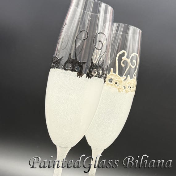 Wedding Champagne Flutes Set of 2 Cats in Black and White