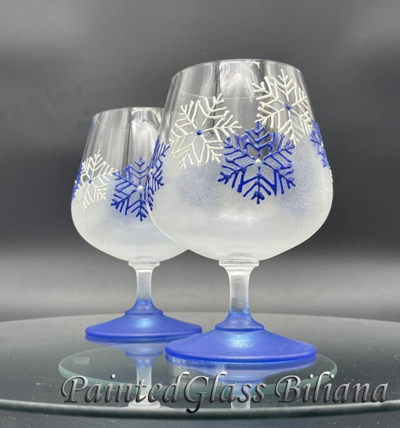 CRYSTAL Set of 2 Hand Painted brandy cognac whiskey glasses White Blue Snowflakes Christmas glasses