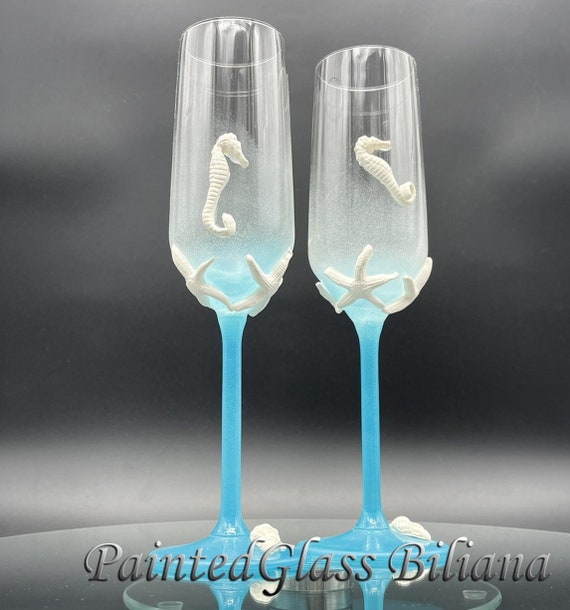 Seahorse and starfish wedding champagne flutes