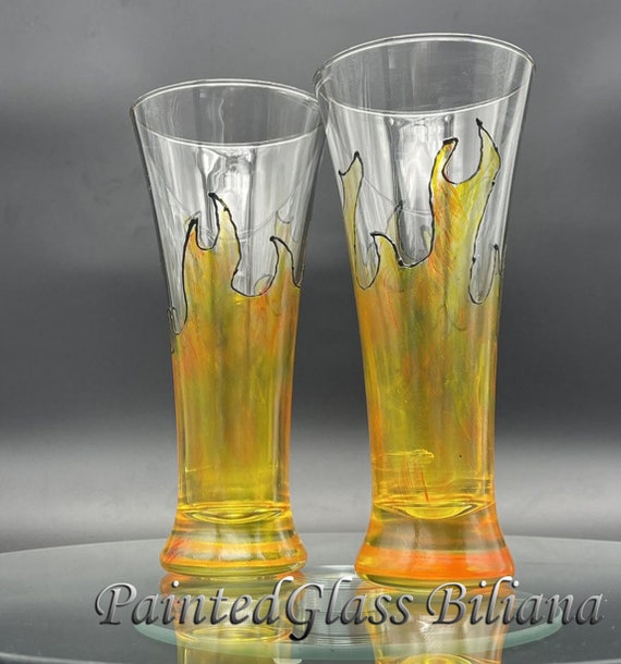 Set of 2 Hand Painted Pilsner beer glasses "On fire"