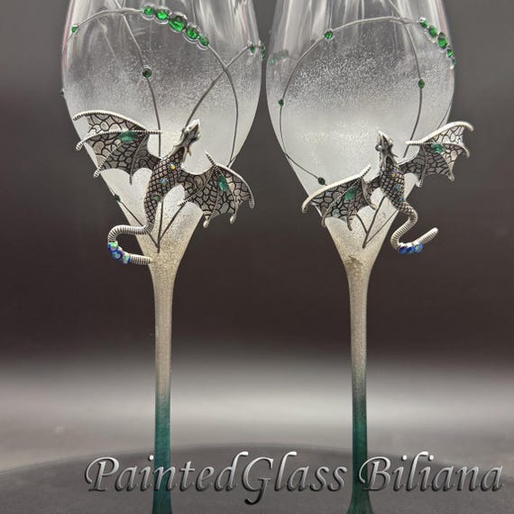 Silver dragon champagne flutes, Set of 2