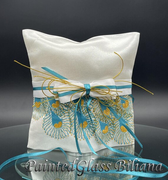 Turquoise peacock feathers ring pillow