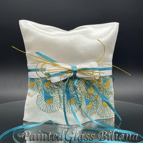 Turquoise peacock feathers ring pillow