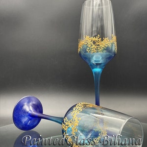 Set di 2 calici da champagne dipinti a mano Peacock Lace in oro, blu e turchese stile Gatsby