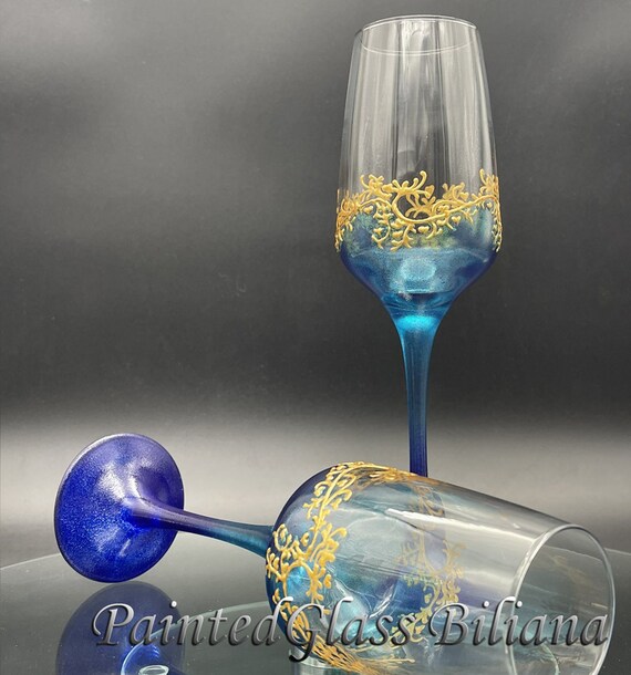 Set of 2 hand painted champagne flutes Peacock Lace in gold, blue and turquoise color Gatsby style