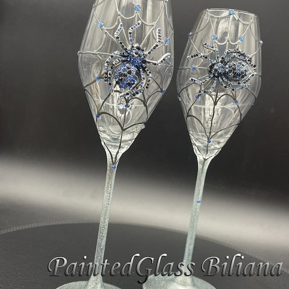 Blue spider wedding champagne flutes, Halloween wedding theme