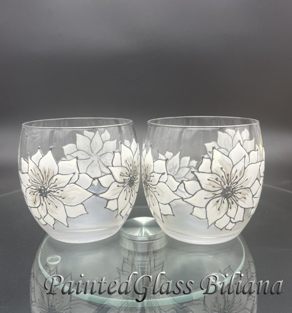 Set of 2 winter hand painted whiskey White and silver Christmas Poinsettia glasses