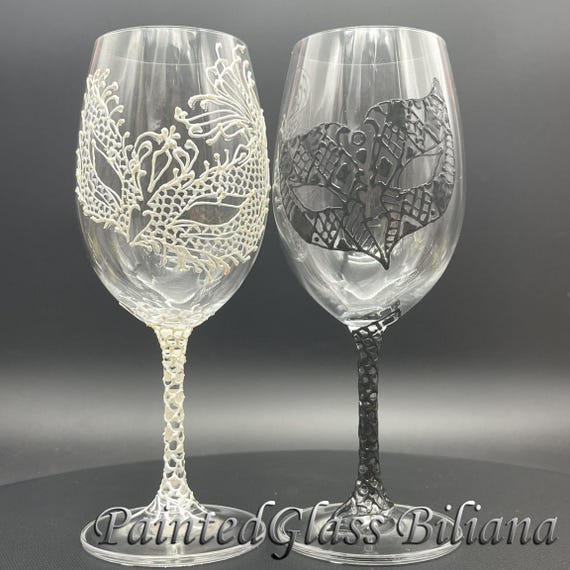Toasting wine glasses Set of 2 Lace domino Masquerade mask in Black and White